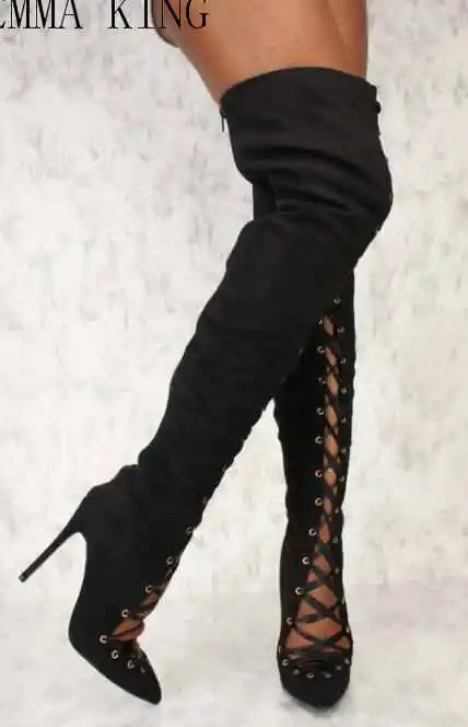 

Roman Style New Velvet Cross Straps Zipper Sexy Shoes Women Black Over the Knee Boots Sexy Female Spring Autumn High Heel Boots