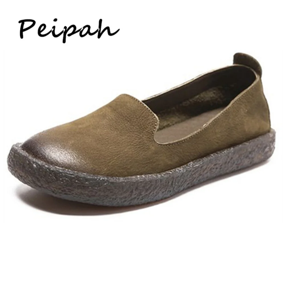 

PEIPAH Retro Handmade Genuine Leather Women Flats Shoes Spring Casual Cowhide Shallow Flat Slip On Shoes For Woman Espadrilles