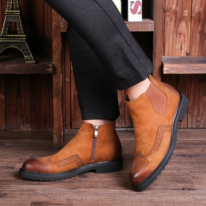 

Autumn And Winter Men's Chelsea Men's Boots To Keep Warm British Men's Genuine Leather Boots Brock Carved Men's Shoes