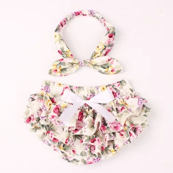 

Floral Cotton Baby Bloomer & Headband Set Newborn Ruffle Diaper Cover with Headwrap Girls Baby Photo Shorts KS025