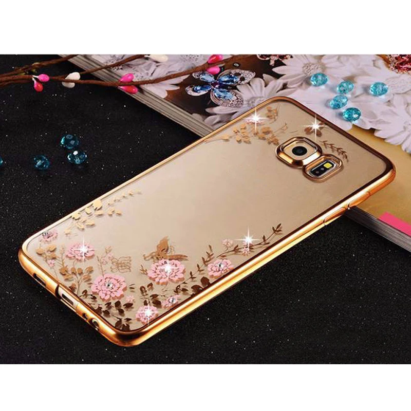 Sunjolly цветок Мягкий ТПУ чехол для телефона розовое золото Bling Rhinestone coque fundas Samsung Galaxy