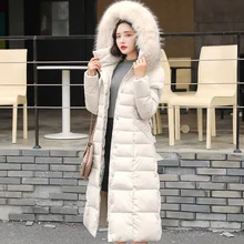 Зимняя куртка на утином пуху модное плотное пальто с капюшоном из искусственного меха Повседневная парка средней длины однотонная верхняя одежда с поясом пальто Manteau Femme Hiver