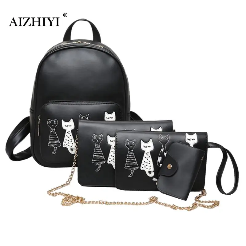 

4pcs Cat Printed Girls PU Leather Backpack Shoulder Bag Clutch Purse Bags