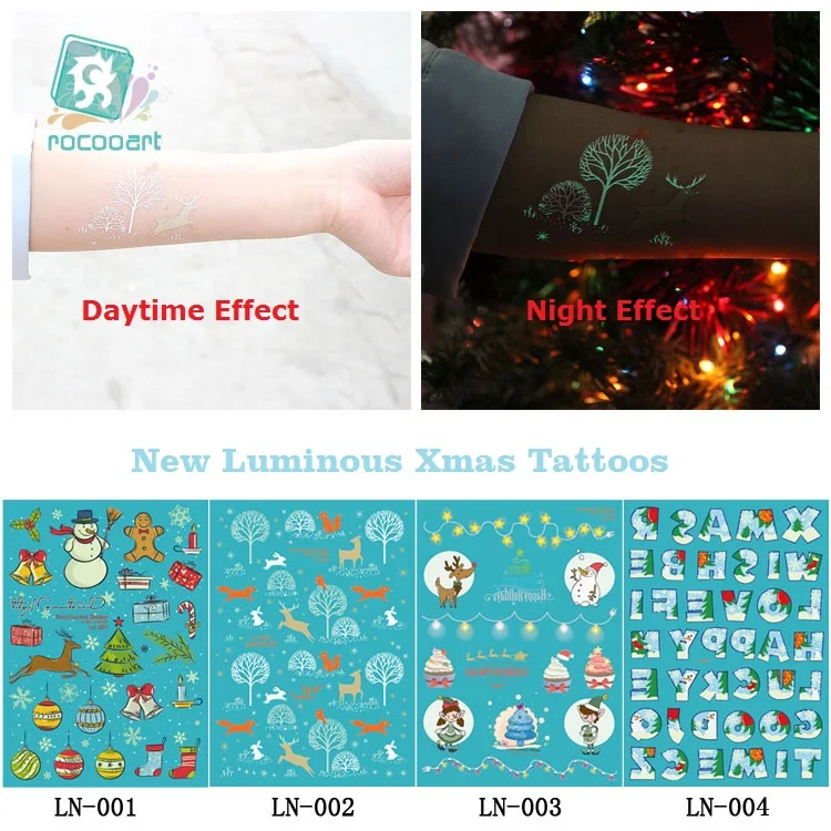 

Rocooart Christmas Luminous Tattoo Glowing in Dark Waterproof Temporary Tatoo Sticker Snow Man Fake Tattoo Xmas Taty Tatouage