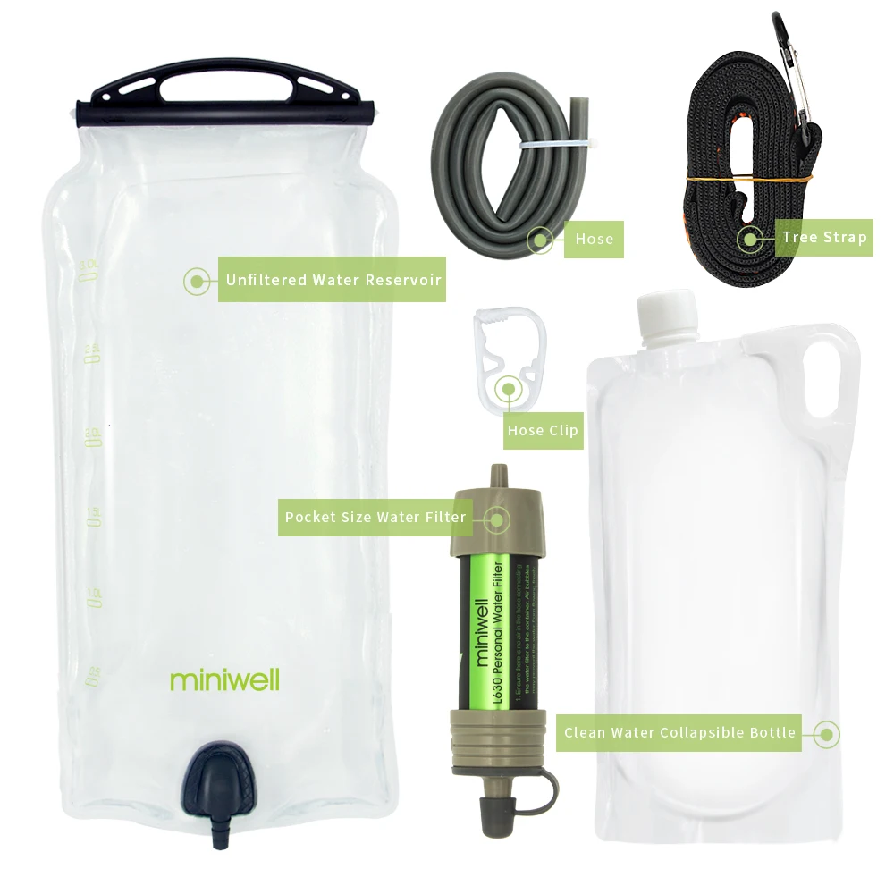 Satisfy water need for group and family outdoor activities with this emergency gravity fed water filter system.  This gravity water filter system is not a single user suck up straw. It is a perfect solution for a group people filtration needs when they are on the go.