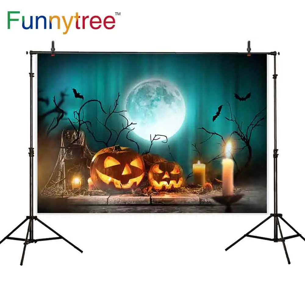 Фотофон Funnytree на Хэллоуин тыквы деревянные доски жуткий полная луна летучие мыши