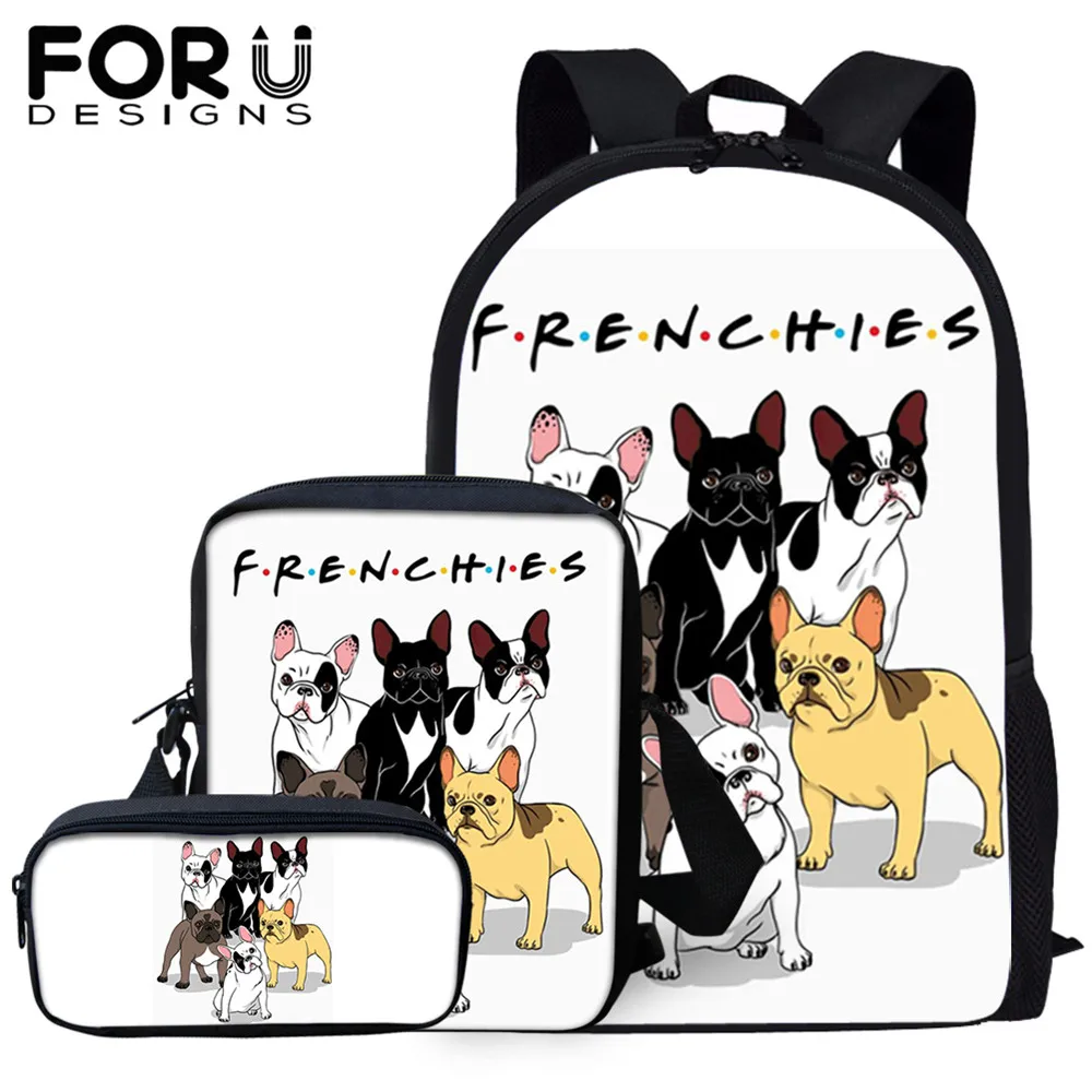 

FORUDESIGNS Kids 3Pcs/Set Backpack Cartoon French Bulldog Animal Prints School Bags Canvas Backpacks for Teen Girls Boys Student