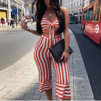 

Fashion 2019 Women Summer Striped Print Rompers Strapless Sexy Playsuit Casual Knot Womens Jumpsuit