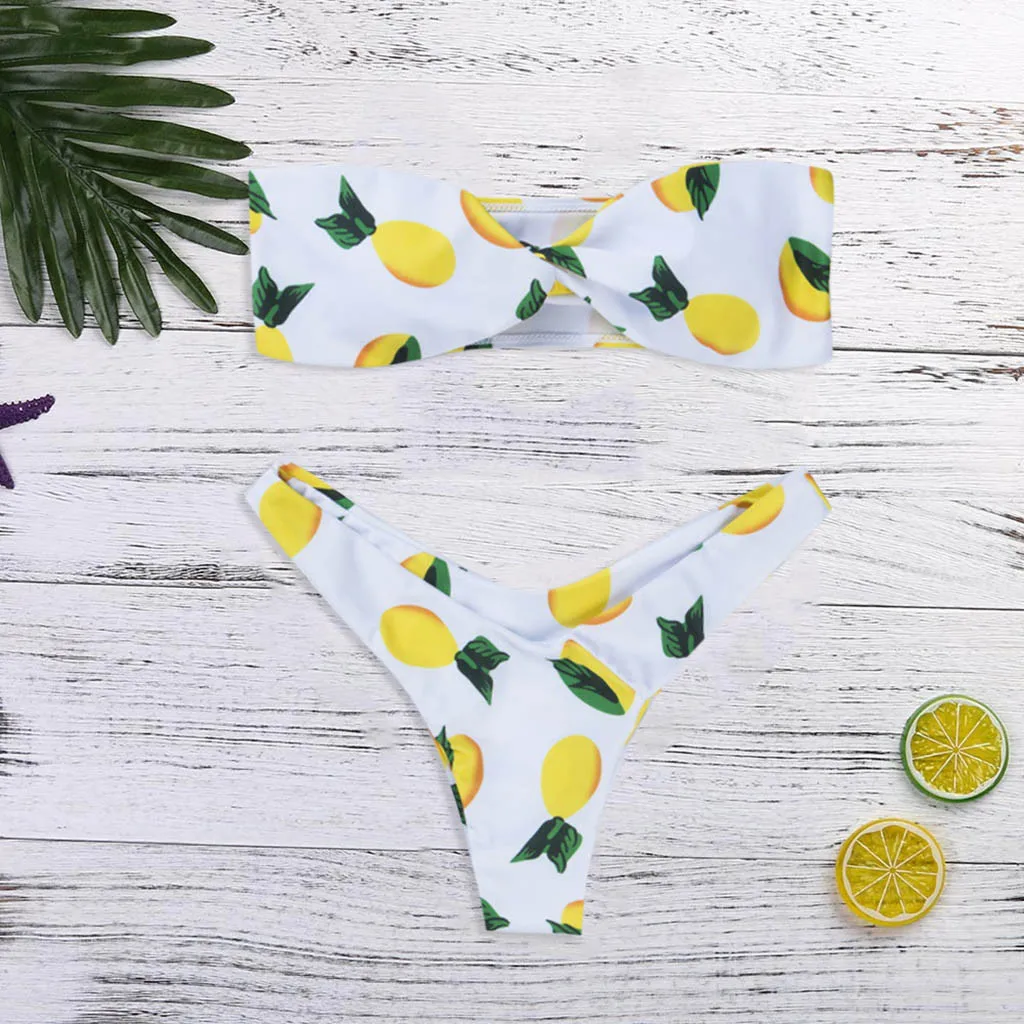 

Off Shoulder Women Sexy Two Piece Swimsuit White Lemon Print Padded Push Up BIkini Bathing Suit Swimwear Swimsuit Beachwear 55