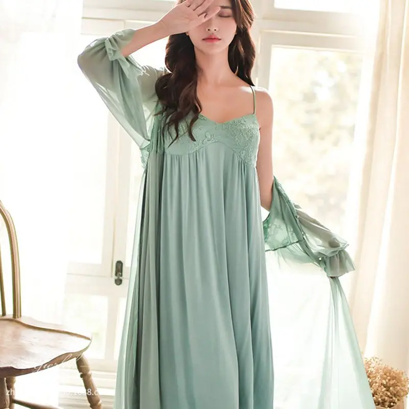 

Smmoloa Summer Women Lace Robe Gown Set Sexy Two Piece Set Sleepwear