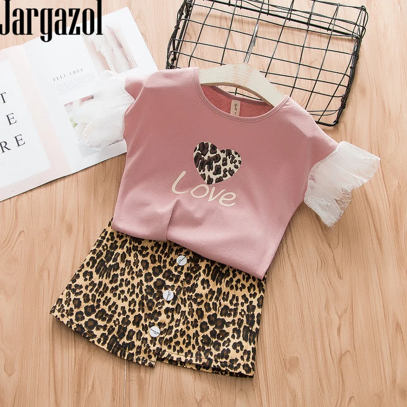 Baby Girl Clothes 2019 Summer Love Printed Lace Short Sleeve Shirt&ampLeopard Print Skirt Fashion Toddler Girls Clothing Set | Детская