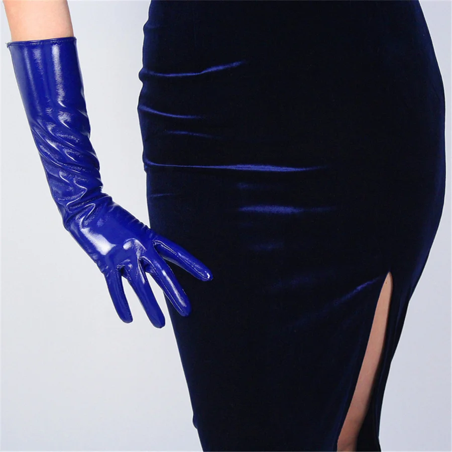 Женские лакированные кожаные перчатки короткий параграф ПУ имитация кожи Яркий кожаный зеркальный яркий синий темно-синий 21 см BL03