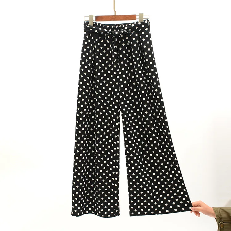 Woherb, летние корейские штаны для женщин, в полоску, с высокой талией, широкие брюки, повседневные, с эластичной талией, длиной до лодыжки, штаны с поясом 21066 - Цвет: dots