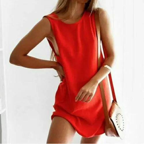 

2019 Women Sleeveless Mini Dress Woman Solid Color Summer Loose Casual Party Dress Female Ladies Elegant Clothes Plus Size L-5XL