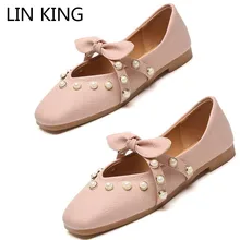 LIN KING/повседневные женские туфли на плоской подошве с квадратным носком; милые летние тонкие туфли с бантом и жемчугом; однотонные Лоферы без застежки; женская обувь для работы