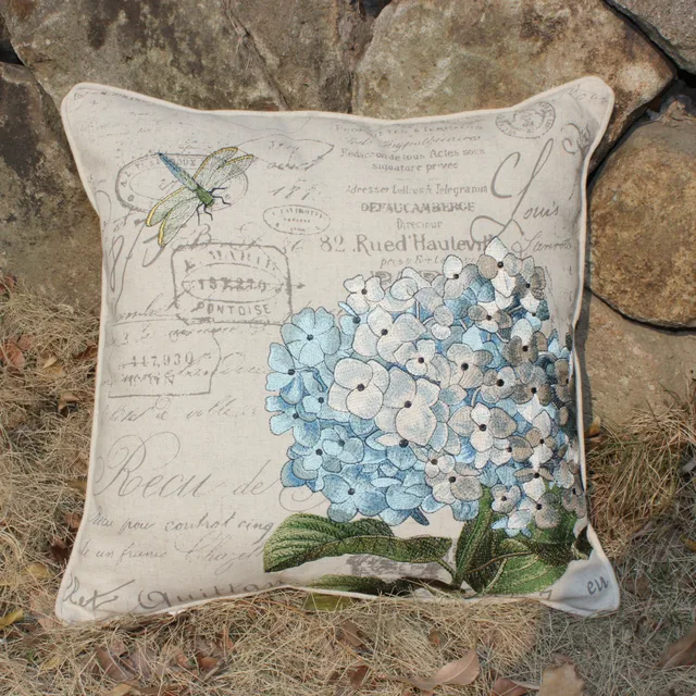 VEZO HOME Embroidered Blue Hydrangeas Floral Dragonfly Linen Sofa Gorgeous Hydrangea Decorative Pillows VEZO HOME Embroidered Blue Hydrangeas Floral Dragonfly Linen Sofa Gorgeous Hydrangea Decorative Pillows