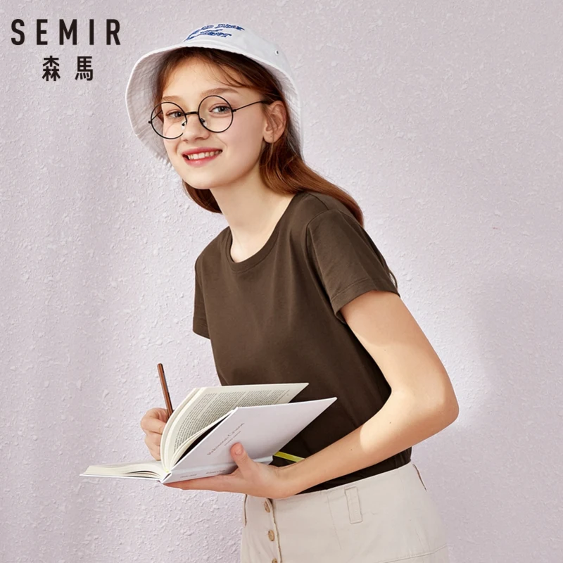 

SEMIR Short sleeve t-shirt women 2019 new summer solid color round neck cotton bottoming shirt base t-shirt tide