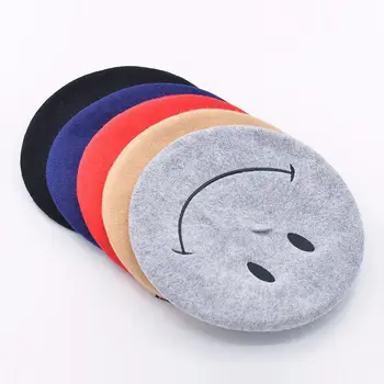 autumn and winter new smiling face embroidered wool beret painter hat lady fashion warm bud hat girls beret women hat french european and american autumn and winter new letter embroidery wool beret hat painter hat lady fashion warm berets women