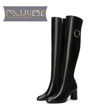 MLJUESE 2018 mulheres sobre o joelho botas altas de couro da vaca cor preta inverno quente curto pelúcia salto quadrado de salto alto botas de cano alto