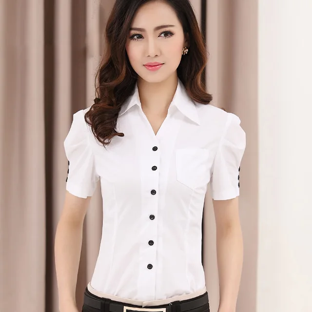 2016 New Summer Fashion Short Sleeve Formal Shirt Women Solid Color ...