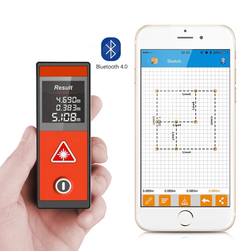Mileseey D520T 20M 40M Touch screen Bluetooth Laser Distance Meter with