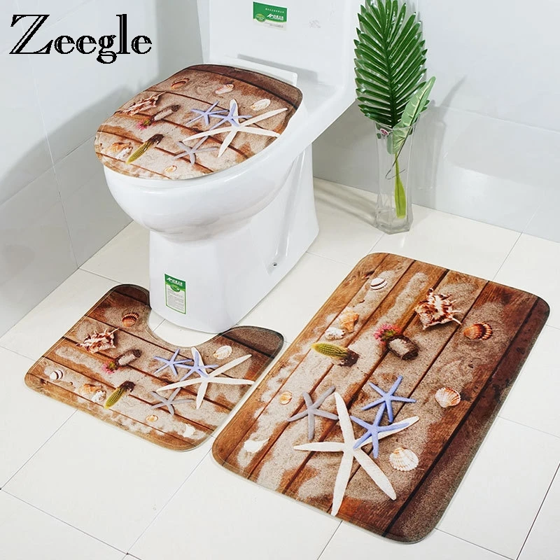 Zeegle Wood Printed 3pcs Mats Bathroom Antislip Carpets For Bathroom