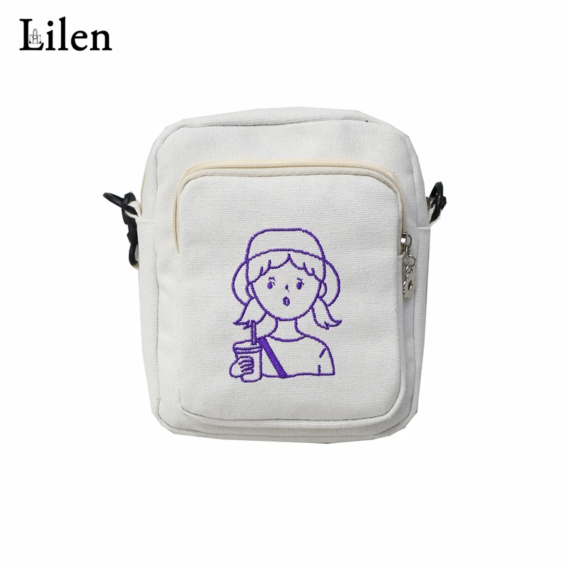 

LILEN Creative Small Bag Canvas Mini Bags Embroidery Cartoon Character Mobile Phone Bag Canvas Casual Shoulder Messenger Package
