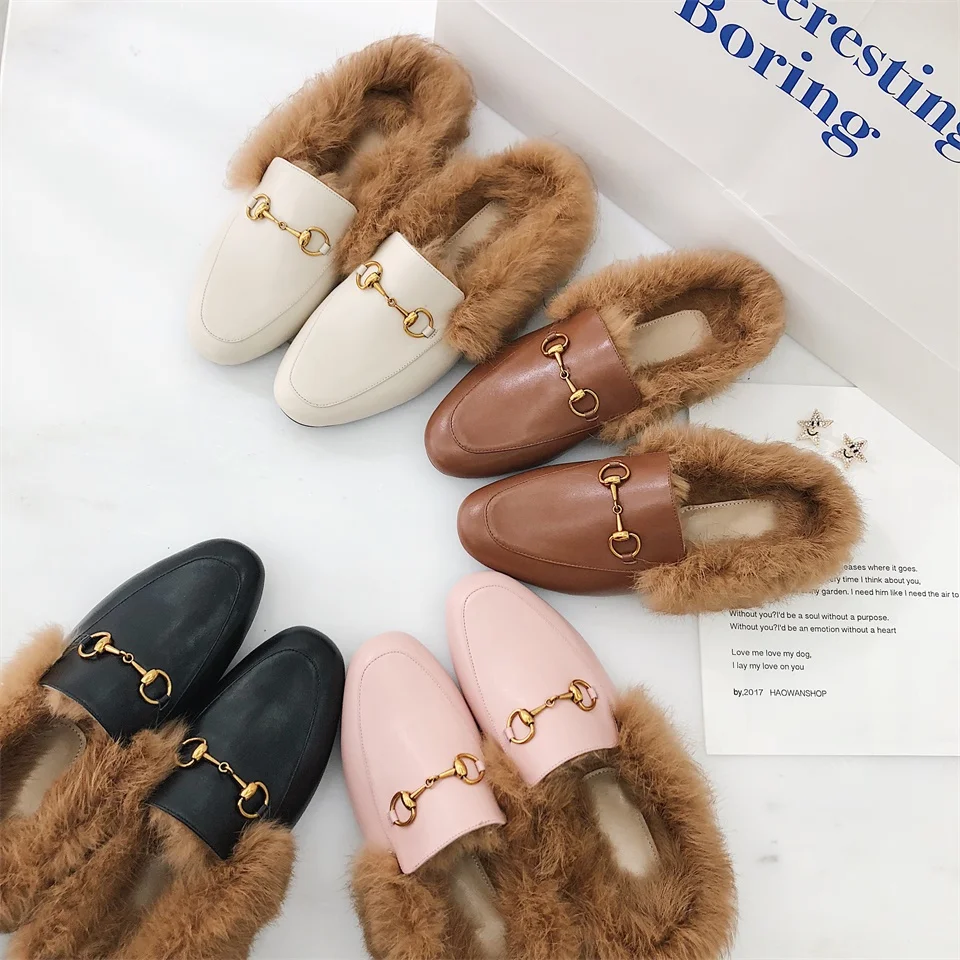 

Women Autumn Winter Chains Mules Fashion Flat Heel Slip On Slides Real Cow Leather Real Fluffy Real Fur Slippers Loafer Women Sh