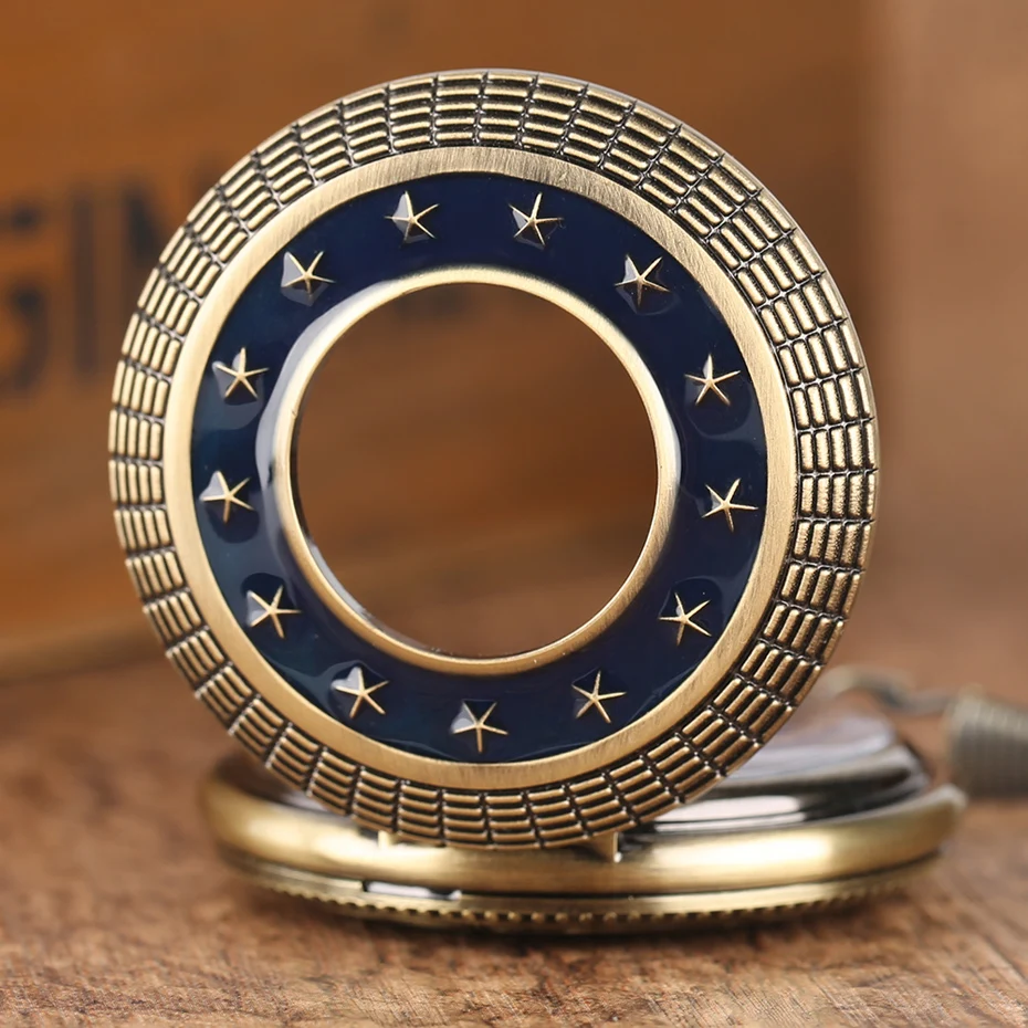 Mechanical Pocket Watch Vintage Bronze Pentagram Stars Dark Blue Retro Bronze Hand Wind Fob Clock Men Women Pendant Gift + Bag (10)