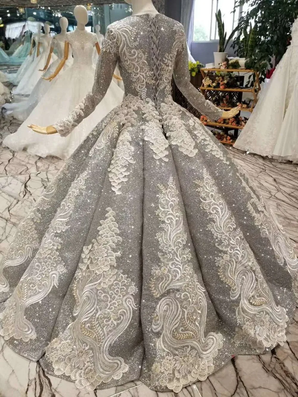 LSS046 senior grey muslim puffy shiny evening dress long sleeves pleat floor length evening party dresses women occasion dress