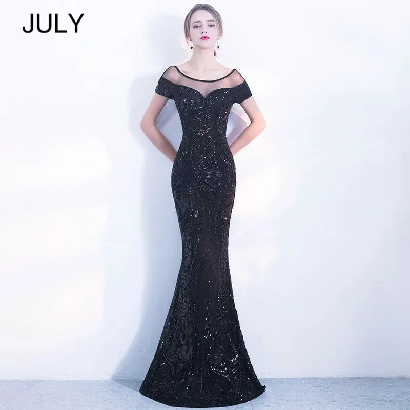 

JULY Elegant Backless Long Dresses Simple Black Sequins Evening Party Dress 2019 New High-end dress Robe De Soiree