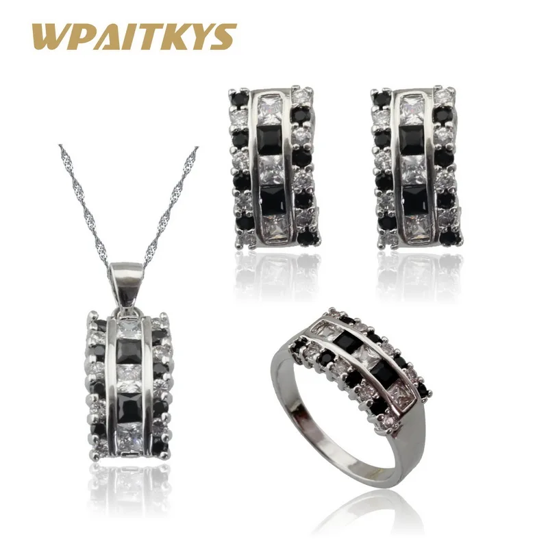 

White CZ Black Cubic Zirconia Stones Silver Color Jewelry Sets For Women Necklace Pendant Hoop Earrings Rings Free Gift Box