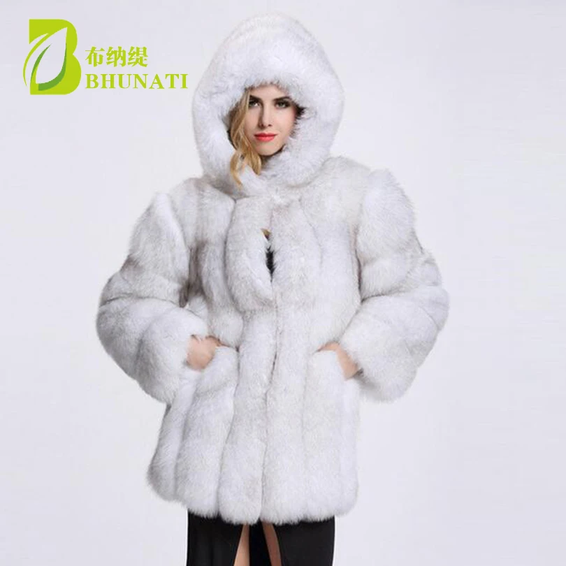 BHUNATI модное зимнее женское пальто из искусственного меха, Женская однобортная куртка из лисьего меха, женское меховое пальто с длинным рукавом и теплым капюшоном