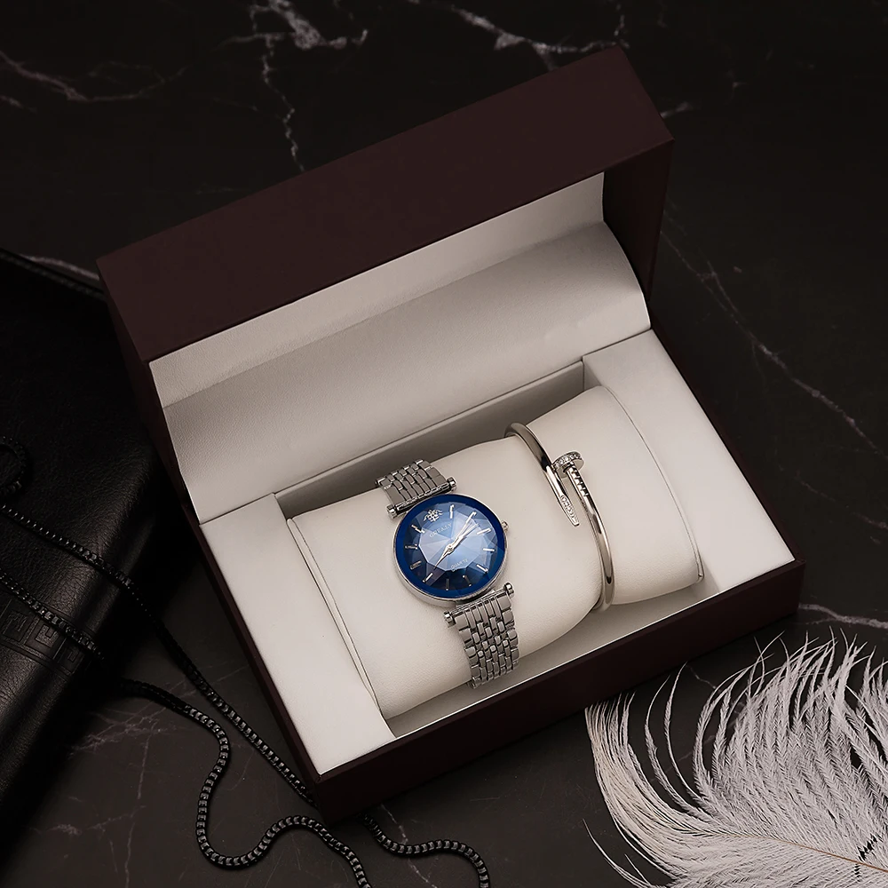 

3PCS Gift box set women's wristwatches with bracelet stainless steel high quality watch box alloy watch band blue face hot sale