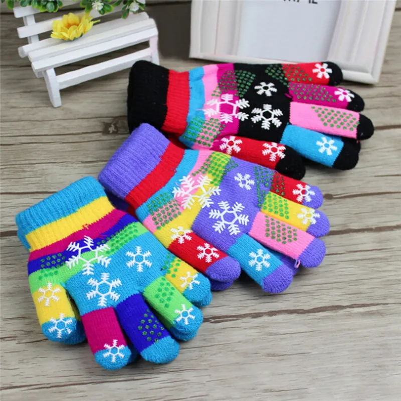 1pair Children Bi-layer Snow Print Winter Thickened Warm Colored Yarn Knit Gloves random color S/M/L | Аксессуары для одежды