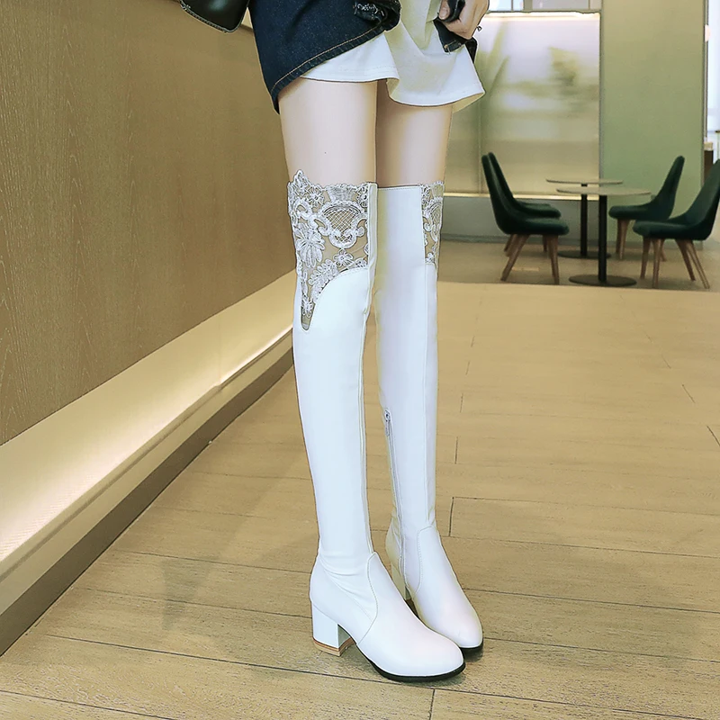 WETKISS/растягивающиеся женские сапоги на высоком толстом каблуке Женская обувь выше колена из Pu искусственной кожи с круглым носком на шнуровке женская обувь с застежкой-молнией, зима г