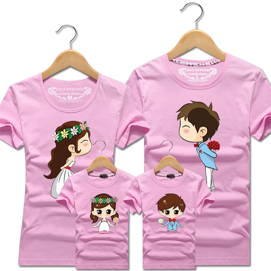 Летние комплекты одежды семейная одежда футболка с персонажами из мультфильмов и невеста и жених наряды для отца, матери и детей хлопковые футболки, топы