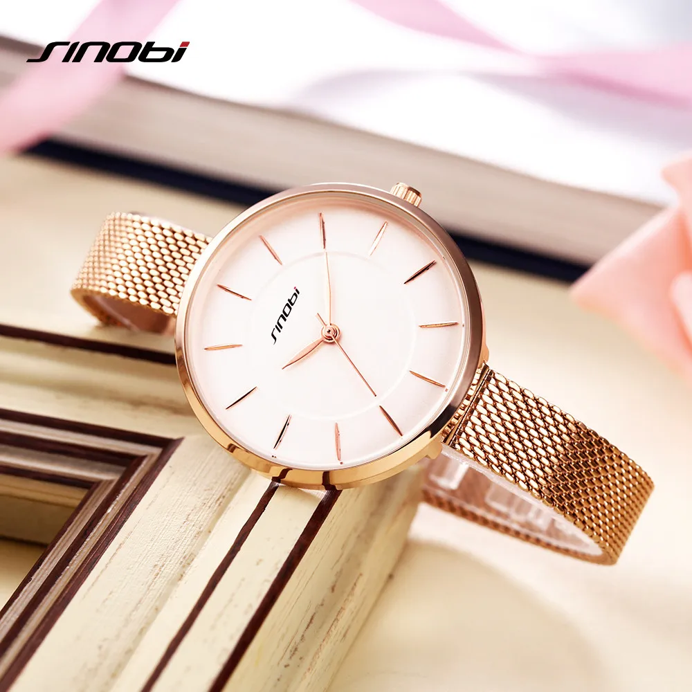 SINOBI Brand Luxury 2018 New Fashion Causal Women Watches Steel Mesh Band Rose Gold Watch Quartz Waterproof Ladies Wristwatch |