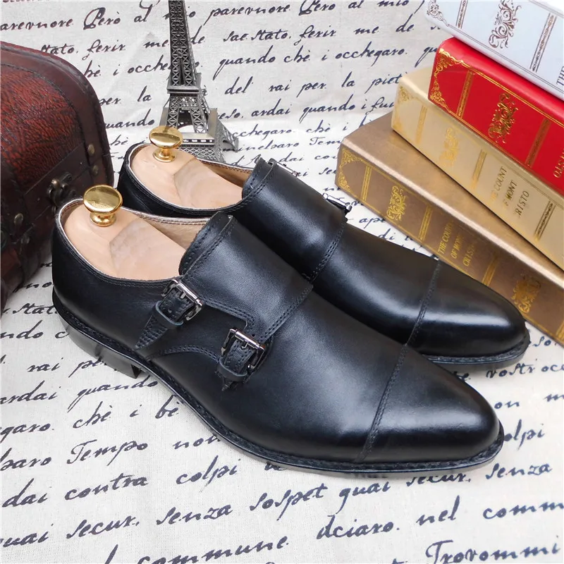 Preto Shoes Monge Vestido Maloneda Goodyear Alta Mão Duplo Sobre Welted Fivelas Qualidade A Genuíno Couro Formal Puro Com À Deslizar cinta Feitos De BqFxBZO