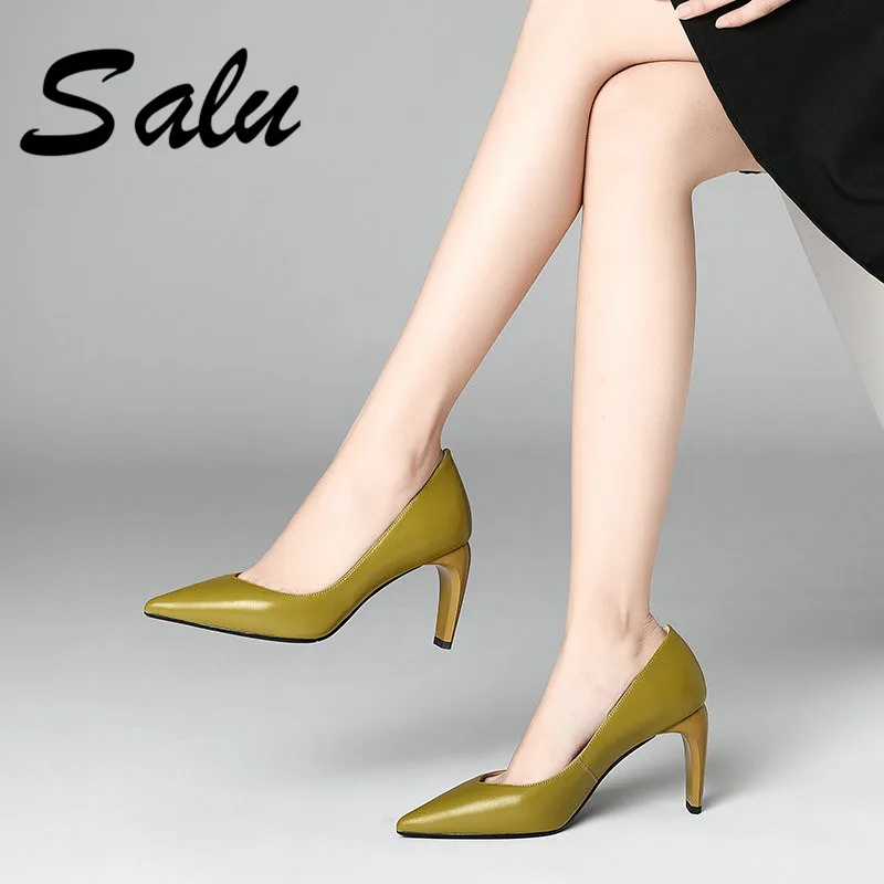 

Salu 2019 new arrival Genuine leather women pumps pointed toe spring summer shoes shallow comfortable high heels shoes woman