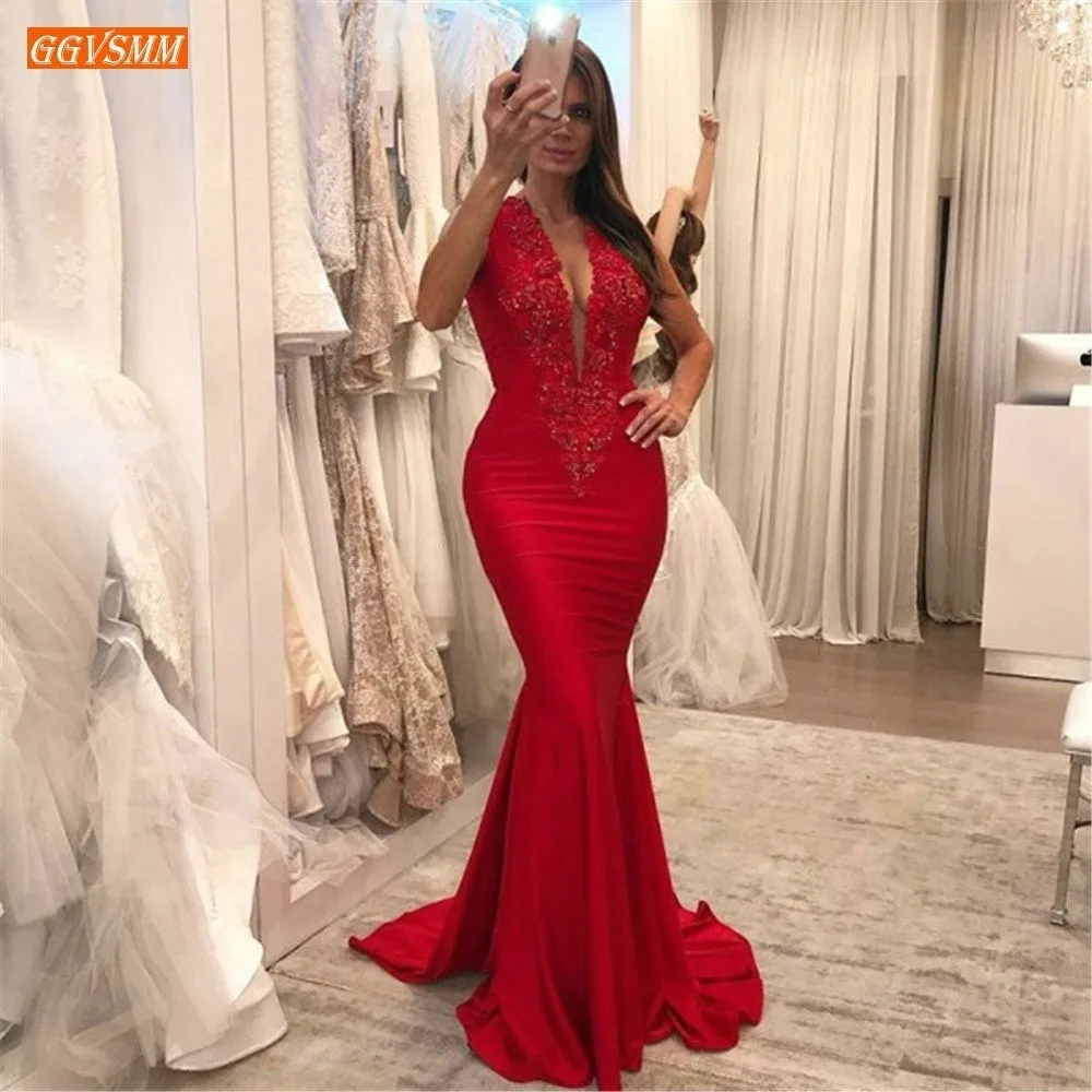 

Sexy Red Slim Fit Deep V Neck Evening Dress 2019 Elastic Satin Appliques Long Formal Dresses Custom Made Mermaid Evening Gowns