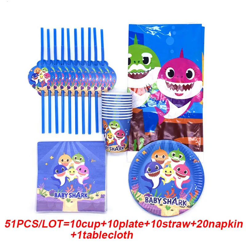 

Baby Shark Theme 51pcs/81pcs/lot Birthday Tissue Tablecover Kid Girl Birthday Party Paper Cup Plate Straw Napkin Supply