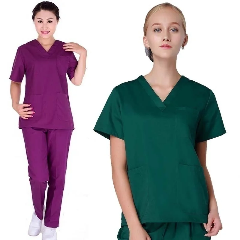 Women's Fashion Scrub Set Nursing Scrubs V-neck Top with Side Vent + Elastic Waistline Pants Medical Uniforms Cotton Surgery