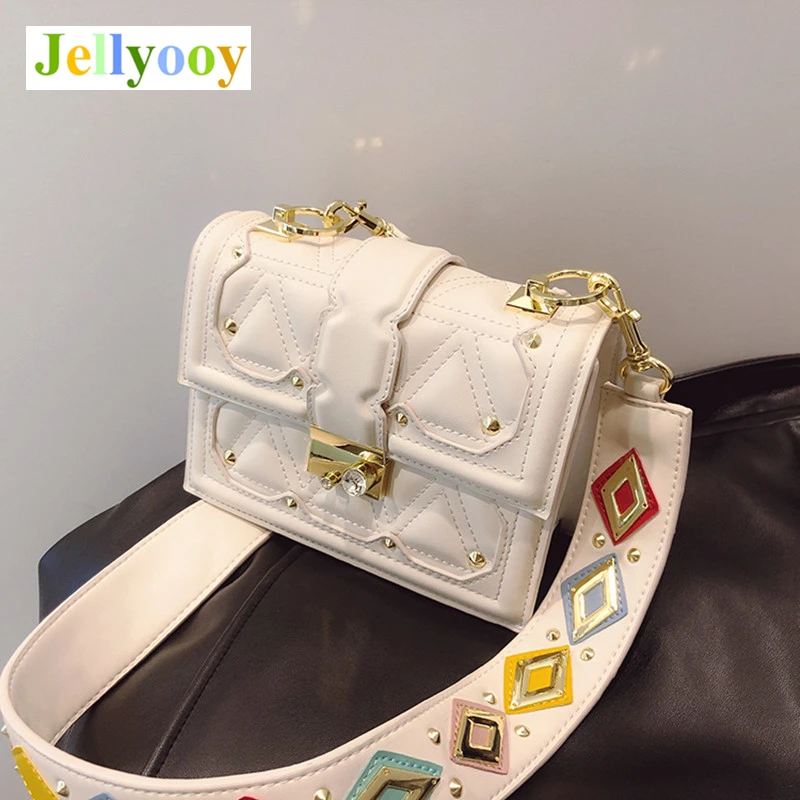 

Luxury Brand Design Fashion Women Wide Strap Shoulder Bag Rivet Messenger Bag Flap Handbag Women Leather Clutch Sac A Main Bolso