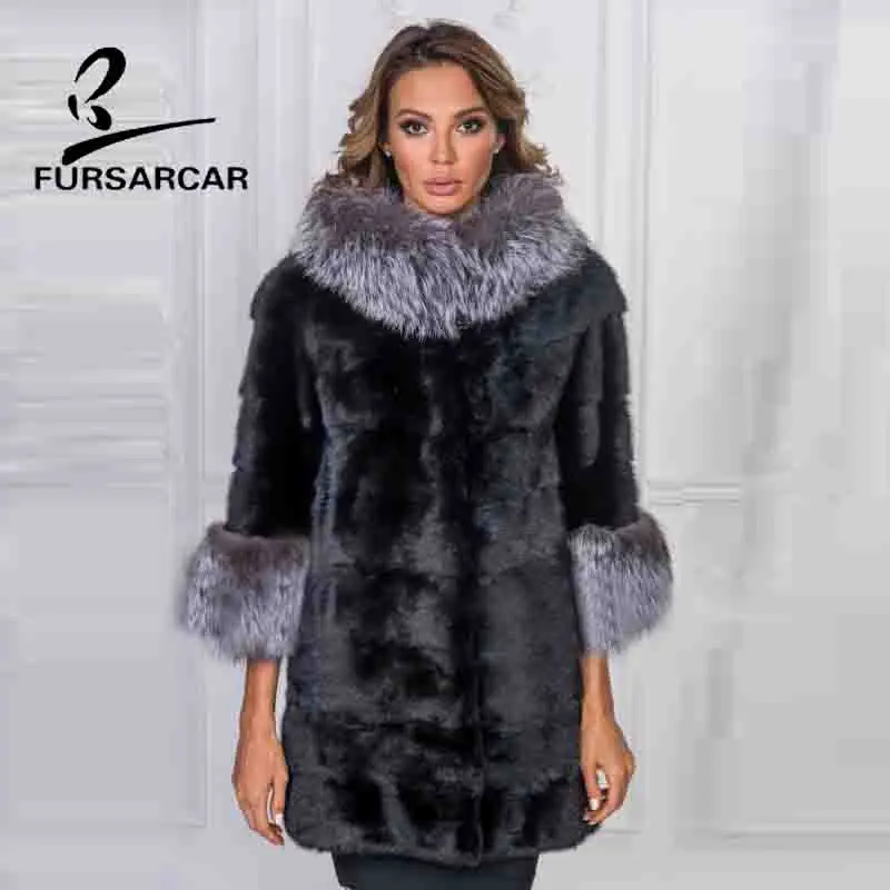 

FURSARCAR 2018 Real Mink Fur Coat With Silver Fox Fur Collar For Ladies Winter middle Long Thick Warm Mink Fur Coat