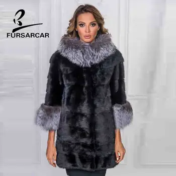 

FURSARCAR 2018 Real Mink Fur Coat With Silver Fox Fur Collar For Ladies Winter middle Long Thick Warm Mink Fur Coat