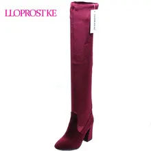 LLOPROST KE/осенне-зимние бархатные женские Сапоги выше колена на платформе и высоком каблуке; цвет синий, красный высокие сапоги; MY095