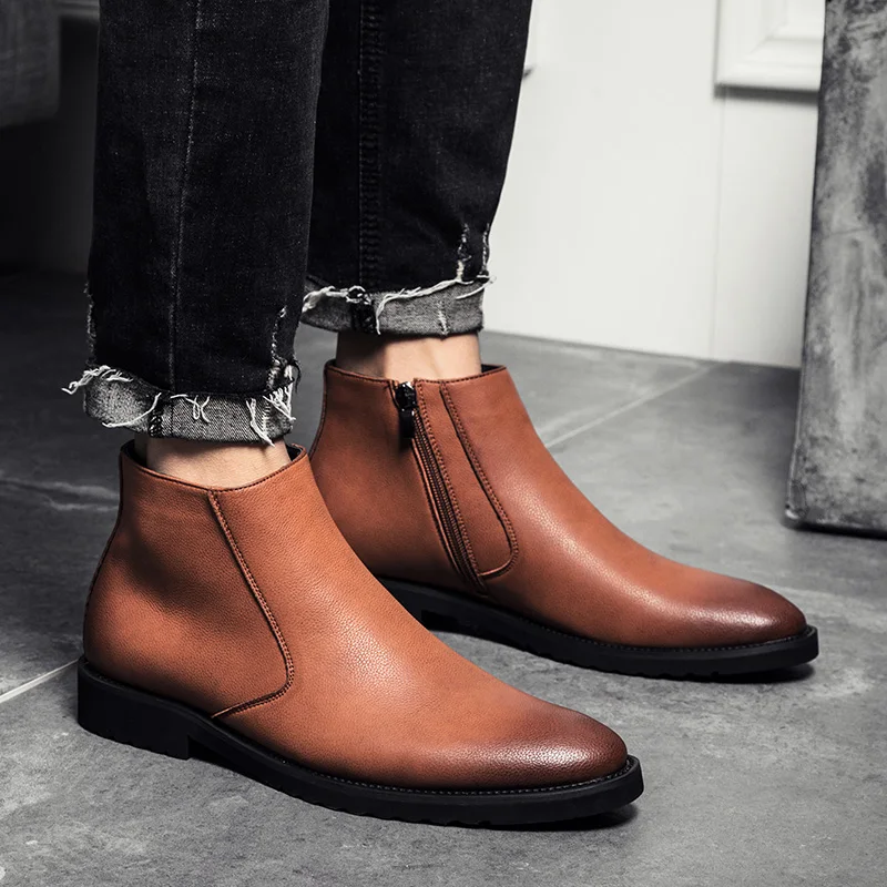 Yomior Fashion Autumn Winter Men Chelsea Boots Pointed Toe Vintage Handmade Leather Boots Business Formal Big Size Ankle