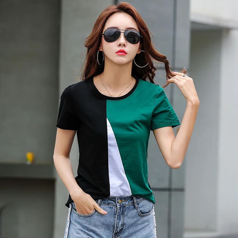 

Contrast Color Patchwork Short Sleeve Tshirt 2019 New Spring Summer Women Streetwear T Shirts Tops Camiseta Mujer T93505