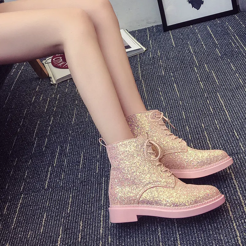 bling bling women ankle boots famous brand lace up glitter chelsea